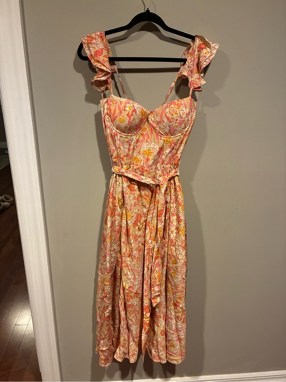 Dress Forum Pink & Orange Floral Ruffle-Strap Midi Dress